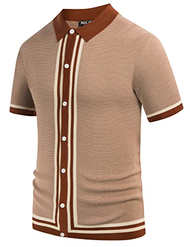 Mens's Vintage 90s Retro Stripes Polo Shirts Button Down Knit Shirts Caramel XL