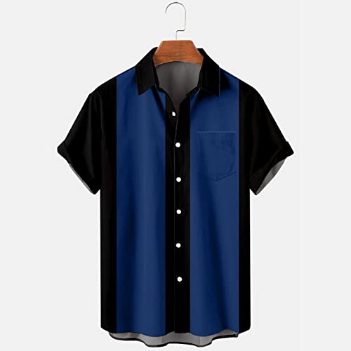 Men's Vintage Bowling Shirts Short Sleeve Button Down 1950s Retro Rockabilly Style Hawaiian Shirts Summer Beach Tops A- Blue