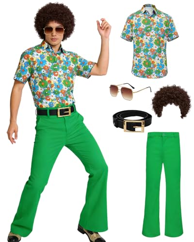 minkasic Mens 70's Disco Outfit Retro 70s Mens Hippie Costume for Adults 70's Theme Clothes for Parties Green XL