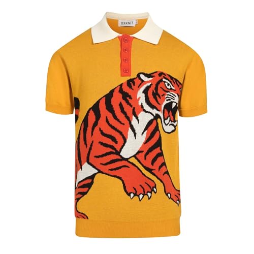 OXKNIT Knit Polo Shirt for Men, Retro Tiger Pattern Yellow Shirt Quarter Button Down Short Sleeve Men's Clothing