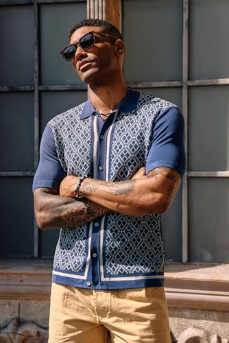 Men's Polo Shirts 70s Vintage Shirts Contrast Knitted Polo Shirts Mens Knitted Polo Shirt Navy