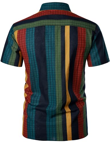 PARKLEES Men's Linen 70s Hippie Style Floral Print Shirt Short Sleeve Button Down Hawaiian Shirts Colorful Stripe Medium