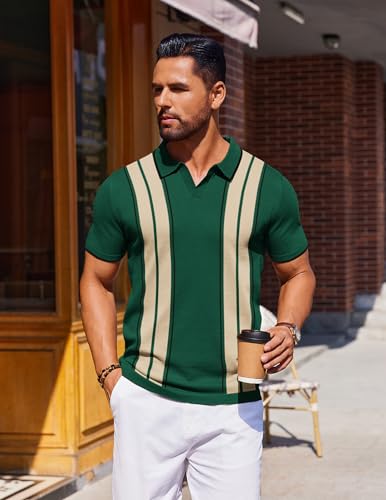 COOFANDY Mens Polo Shirts Striped Vintage Knit Polo Shirt Short Sleeve Old Money Clothes Retro Golf T Shirts