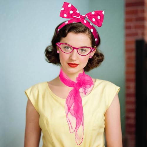 Sdfvsdg 50s Set 50's Costume Accessories Chiffon Scarf Cat Eye Glasses Bandana Tie Headband Earrings for Cosplay Party