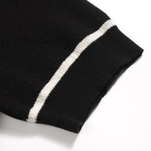 OXKNIT Men's Knit Polo Shirts, 1960s Mod Style Retro Rose Pattern Short Sleeves Casual V-Neck Short Shirts, Black