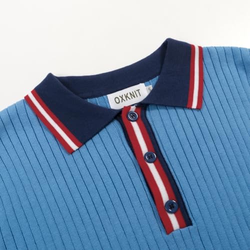 OXKNIT Men's Knit Short Sleeve Shirts 1960s Retro Stripes Knitted Polo Shirt Blue Cotton Polo Shirt with Quarter Button