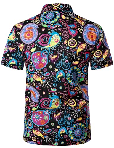 PARKLEES Men's Linen 70s Hippie Style Floral Print Shirt Short Sleeve Button Down Hawaiian Shirts Multicolor Large