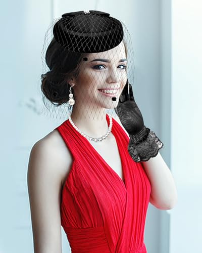 Bniksok Black Fascinators Hats with Veil for Women Vintage Funeral Pillbox Hat 1920s 50s Gatsby Cocktail Tea Party Headwear, Lace Gloves Pearl Necklace