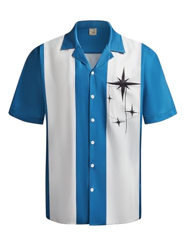Hardaddy Men's Vintage Bowling Shirt 1950s Short Sleeve Casual Button Down Summer Beach Camp Collar Shirts Aqua Blue XL