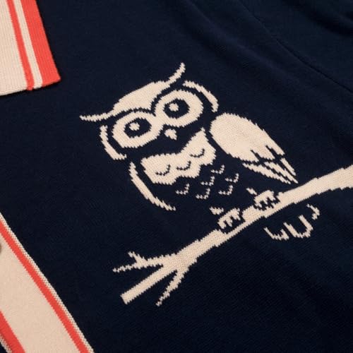 OXKNIT Men's Knit Short Sleeve Shirts Button Down Vintage Knitted Polo Shirt Owl Pattern Dark Blue Cotton Polo