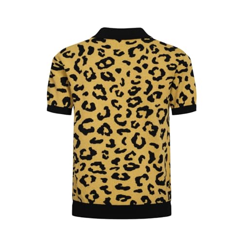 OXKNIT Men's Retro Polo Shirts 1960s Mod Style Vintage Shirts Knitted Polo Shirts V-Neck Leopard Shirt