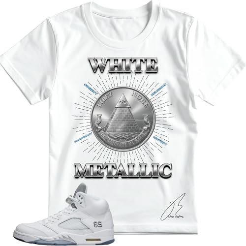 Shirt to Match 5 White Metallic, 23 Shoe Coordinating Graphic Tee, Best Gift, Mens Clothing, Unisex Tops (US, Alpha, Large, Regular, Regular, White)