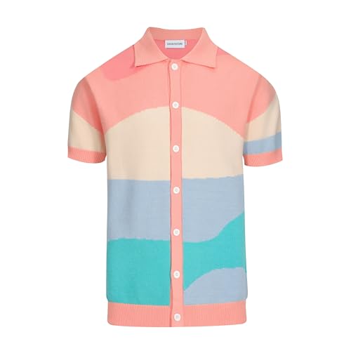 OXKNIT Mens Short Sleeve Vintage Polo Shirts Casual Multi-Colored Knitted Geometric Patterns Shirts