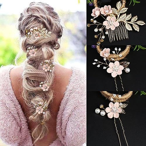 5 PCS Bridal Flower Wedding Hair Pins Crystal Pearl Hair Clips Headpiece Gold Wedding Hair Accessories Jewelry with Rhinestone for Brides Bridesmaids Women Girls Updo(Cherry Blossoms Pink)