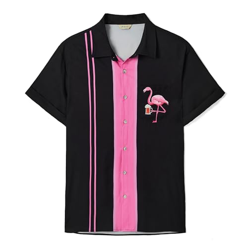 Royaura Hawaiian Shirt for Men,Printed Summer Beach Vintage Bowling Button Down Short Sleeves Casual Shirts Black Pink