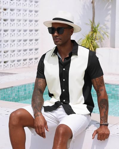 Aiyino Mens Vintage Bowling Shirt Retro Striped Button Down Beach Top Black