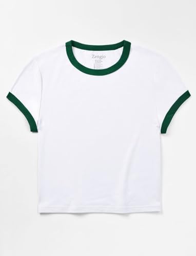 Zengjo Womens Ringer Tee Crewneck Retro T Shirts with Trim(White/Green,XL)
