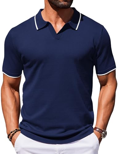 COOFANDY Mens Collared Shirts Short Sleeve Polo Shirts for Men Basic Fashion Retro 70S Shirt Navy Blue
