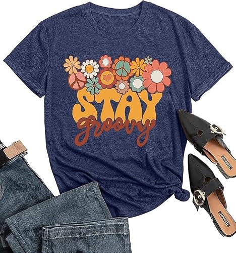 Retro Stay Groovy Shirt Women Floral Graphic Tee Hippie Vintage 70s Disco Peace Casual Short Sleeve Top Blue S