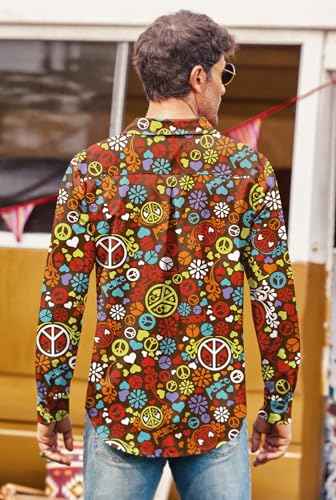 Men Carnival Floral Shirt 70s Flower Button Shirt Long Sleeve Dress Shirt Retro Paisley Geometric Collared Shirt XL