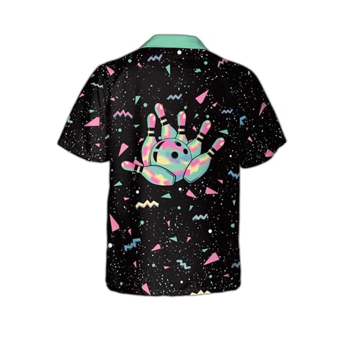 Retro Neon Bowling Hawaiian Shirt for Men 80s Style Strike Bowling Ball Shirt Tropical Aloha Button Down Summer Party Shirt