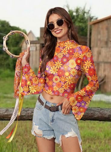 Women's Halloween Bell Sleeve Hippie 60s 70s Mock Neck Shirt Boho Party Retro Crop Top Renaissance S