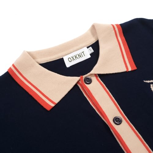 OXKNIT Men's Knit Short Sleeve Shirts Button Down Vintage Knitted Polo Shirt Owl Pattern Dark Blue Cotton Polo