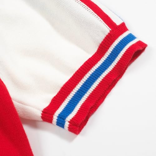 OXKNIT Knitted Poloshirt for Men, 1960s Mod Style Classic Retro Color Matching V-Neck Short Sleeve Summer Shirt White Red