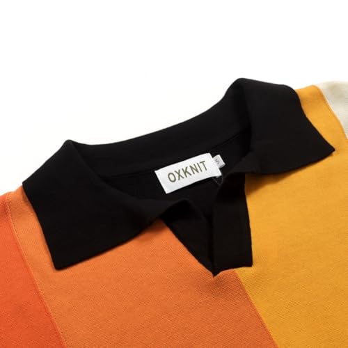 OXKNIT Men's Knit Short Sleeve Shirts 1960s Vintage Gradient Stripes Knitted Polo Shirt Black V-Neck Cotton Mens Polo