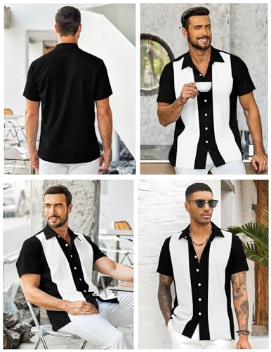 YTD Men's Vintage Bowling Shirt Short Sleeve Button Down Summer Cuba Beach Shirts Black White
