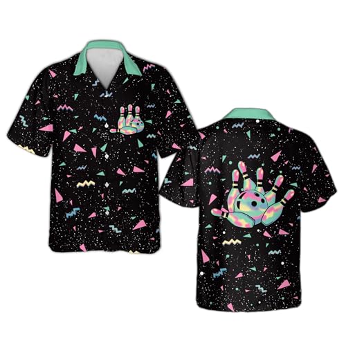 Retro Neon Bowling Hawaiian Shirt for Men 80s Style Strike Bowling Ball Shirt Tropical Aloha Button Down Summer Party Shirt