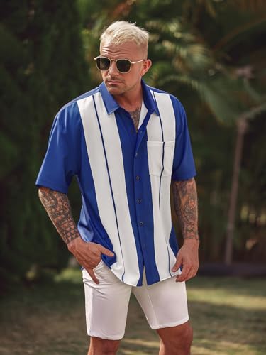Hardaddy Men's Vintage Bowling Shirt Short Sleeve Button Down Hawaiian Summer Beach Printed Casual Shirts Blue 3XL