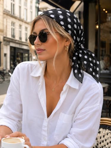 MissShorthair 50s Chiffon Scarf Sheer Square Neck Head Scarf for Women, A Black & White Dot