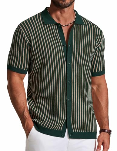 COOFANDY Mens Button Down Short Sleeve Shirt Textured Knit Polo Shirts Vintage Shirts Retro Knitwear