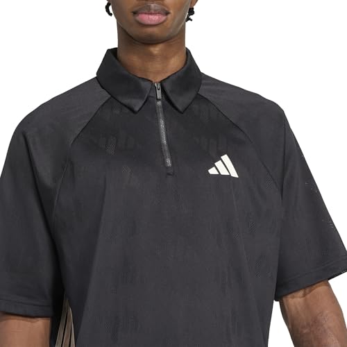 Adidas Men's Stadium 3-Stripes Tennis Inspired Jacquard Polo T-Shirt, Black/Off White, Medium