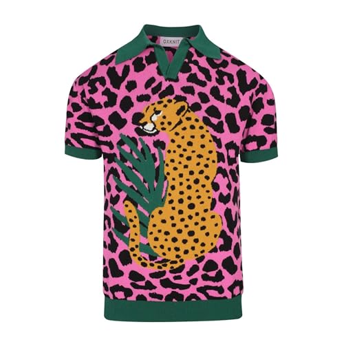 OXKNIT Men's Knitted Retro Poloshirt, 1960s Mod Style Vintage Short Sleeve Shirt with Animal Pattern Rose Red
