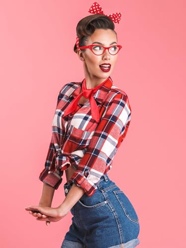 Aneco 6 Pack 50s Set Chiffon Scarf Cat Eye Glasses Bandana Tie Headband Earrings(Red)