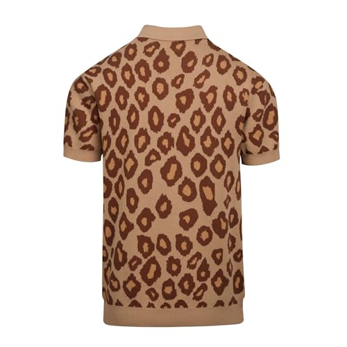 OXKNIT Knit Polo Shirt for Men, 1960s Retro Leopard Print Brown Shirt Quarter Button Down Short Sleeve Men's Clothing