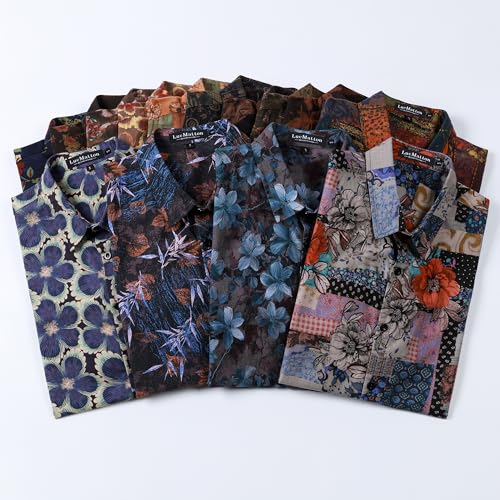 LucMatton Men's 70s Hawaiian Shirt Vintage Print Short-Sleeve Button-Down Shirts for Summer Vacation & Beach Black Antique Rose Large
