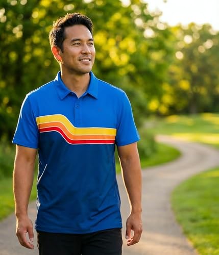 Tipsy Elves Men's Golf Polo Shirt - Moisture Wicking, Stretch Fabric, Athletic Fit - Navy Retro Range Performance Polo - Large