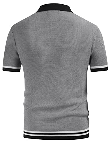 Men's Retro Polo Shirts Vintage Stripes Lapel Collar Knit Shirts Black S