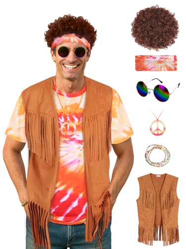 Treature Hippie Costume for Men 60s 70s Outfits for Men Tie Dye Shirt Set Fringe Carnival Vest Wig Tie Dye Headband for party (Orange 7 Pcs set, 2XL)