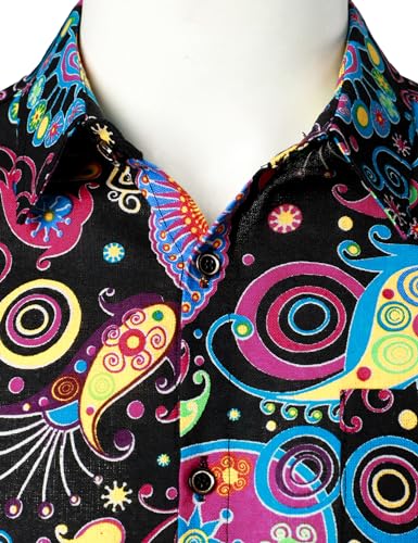 PARKLEES Men's Linen 70s Hippie Style Floral Print Shirt Short Sleeve Button Down Hawaiian Shirts Multicolor Large
