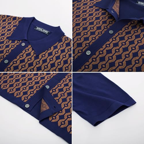 Men's Vintage 70s Polo Shirts Casual Short Sleeve Bowling Shirt Navy/Gold M