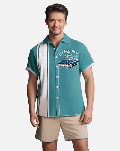YBHUO Bowling Shirts for Men Retro Car Stripe Print Short Sleeve Casual Button Down Beach Shirt