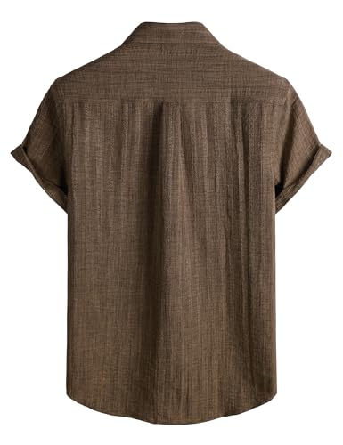 LucMatton Men's Vintage Bohemian Short-Sleeve Button-Down Shirt Casual Regular-Fit Striped Textured Summer Beach Tops Brown XX-Large