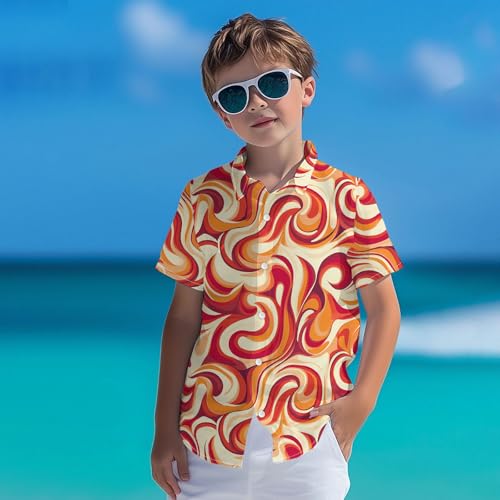 70s Boys Funny Hawaiian Shirt Retro Pattern Beach Tropical Short Sleeve Holiday Aloha Shirt Tropical Beach Party Kids Tops Orange