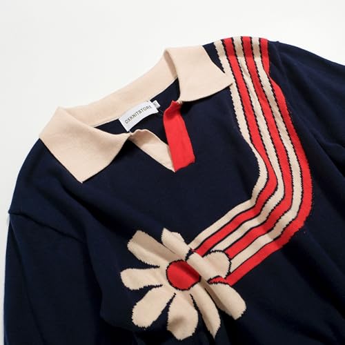 OXKnitstore OXKNIT Mens V-Neck Polo Shirt Knitted Shirt Dark Blue Short Sleeve Golf Shirt with Flower Pattern