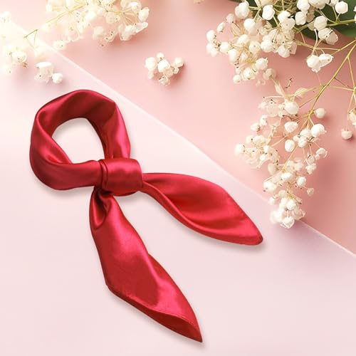 GHGMAO Women Silk Feeling Scarf, 23.6'' Square Red Satin Scarf Neck Head Bandana Handkerchief Hair Scarves for Daily Wear, Retro 1950s, Halloween Costume Accessory