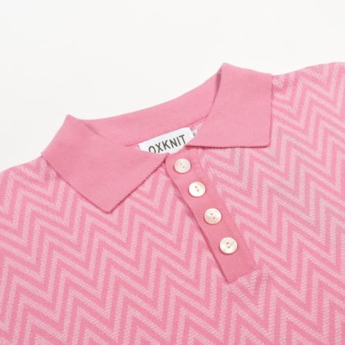 OXKNIT Men's Retro Knitted Poloshirt, 1960s Mod Vintage Texture Polo Cotton Short Sleeve with Quarter Button Pink